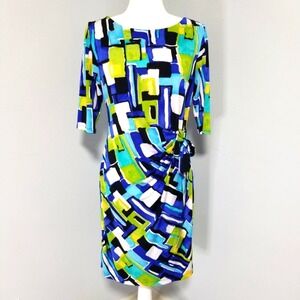 KIARA Dress Women's Size Small Abstract Print Blue Aqua & Chartreuse